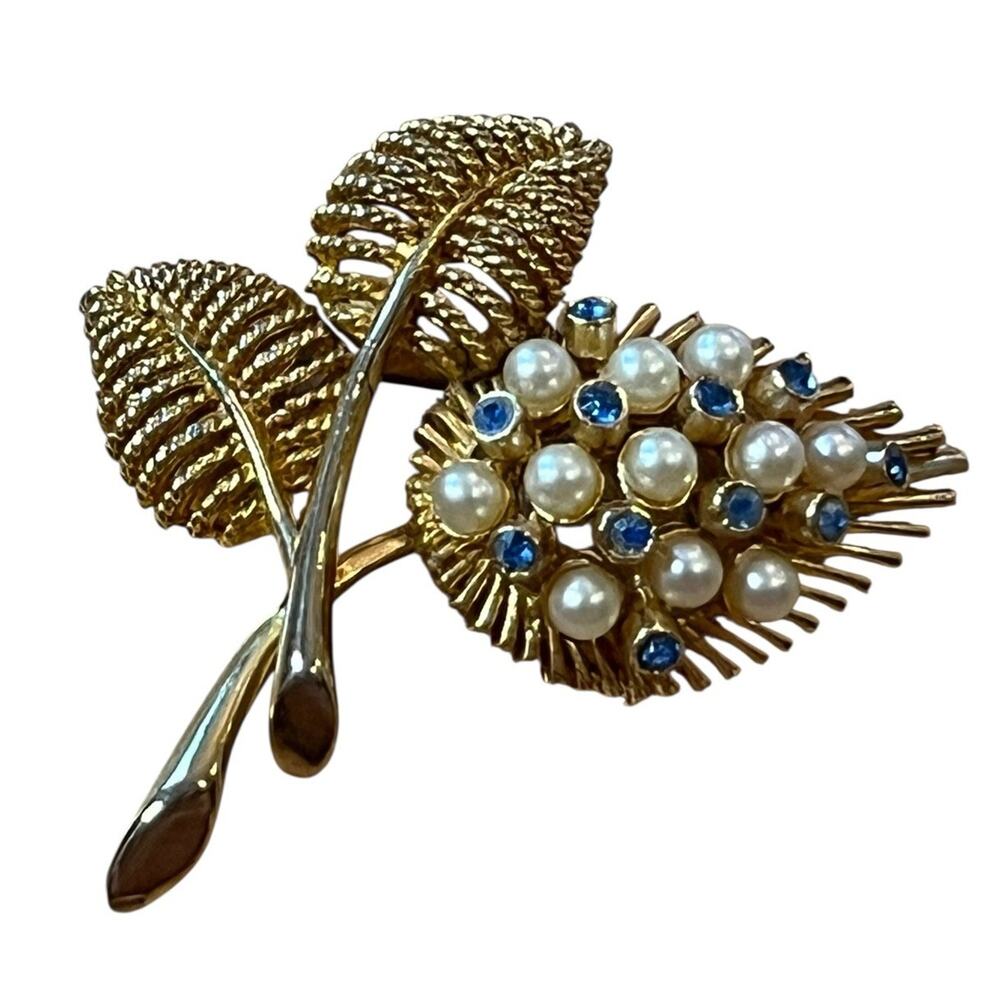 Vtg Sphinx Bar Brooch Pin Leaves Gold Rhinestones Faux Pearls Signed Numbered